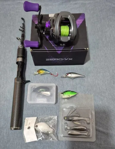 Kit BFS, carretilha Zero vx, vara 1.50m UL e iscas artificiais. 