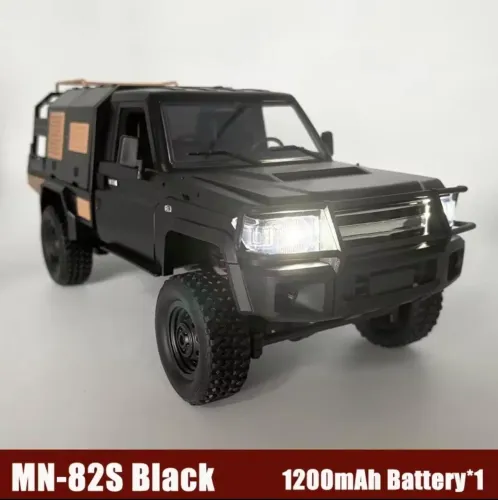 Automodelo RC Crawler mn82s preta leds, bagageiro na caçamba offroad 4x4