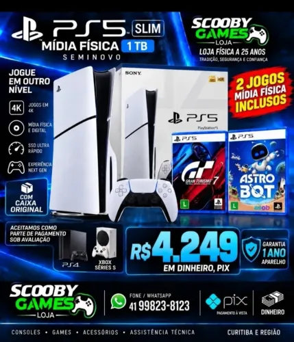 PS5 SLIM MÍDIA FÍSICA 1 TB SEMINOVO,1 CONTROLE, 2 JOGOS, GARANTIA 1 ANO, LOJA