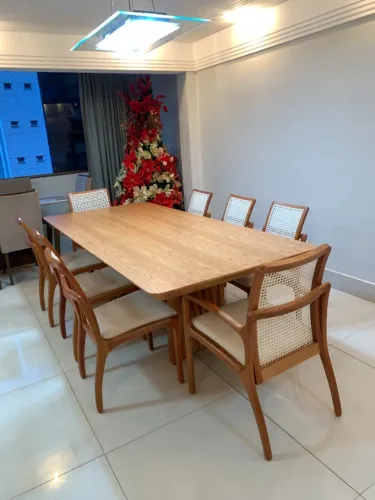 Conjunto de mesa 2,40x1,20 Lamina Carvalho Base e cadeiras madeira maciça