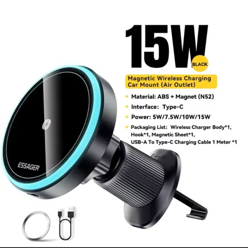 Essager Carregador de carro magnético sem fio, 15W, Fast Charge