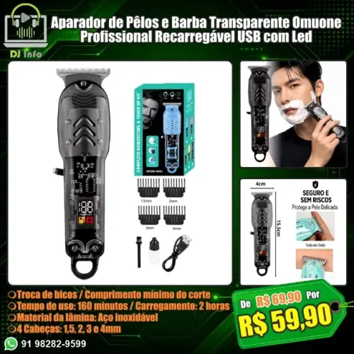 Aparador de Pêlos e Barba Transparente Omuone Profissional Recarregável USB com Led