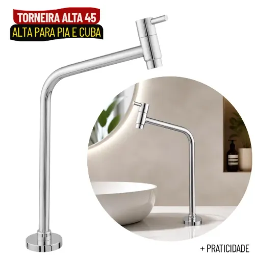 Torneira para Banheiro Bica Alta em Inox Cromado para Lavatório Cuba e Bancada - SCS36