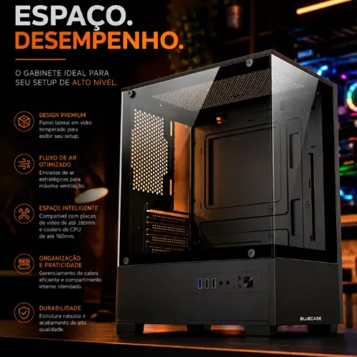 GABINETE AQUARIO BLACK HIT M-ATX, VIDRO TEMPERADO, BLUECASE