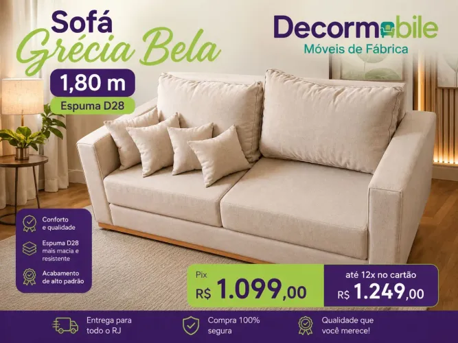 Sofá Grécia Bela D28 1,80 linho e madeira top de linha
