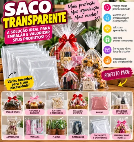 Sacos transparente com adesivo e sem adesivo