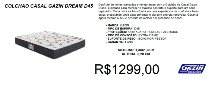 Colchão casal d45 gazin espuma -- temos a pronta entrega 