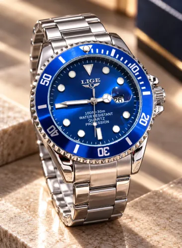 Relógio de pulso Lige Submarine Azul Inox PROVA D'ÁGUA Novo