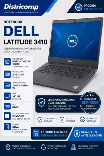 NOTEBOOK DELL LATITUDE 3410 I3 10110U 8GBDDR4 NVME256GB HDMI BAT NOVA Windows Bios (U)