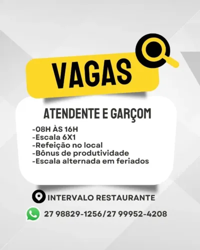 Vaga de Garçom e Atendente