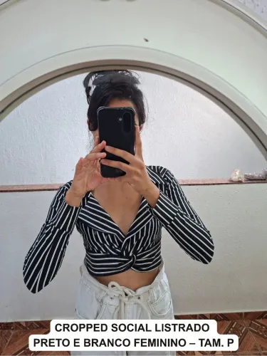 Cropped Social Listrado Preto e Branco Feminino - Tam. P