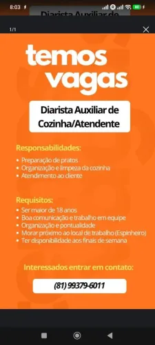 Auxiliar de Cozinha/Atendente