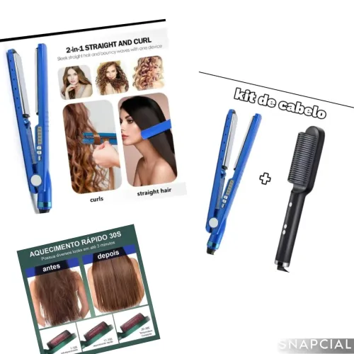 Kit escova alisados 5 em 1 + chapinha de cabelo placa de titanium