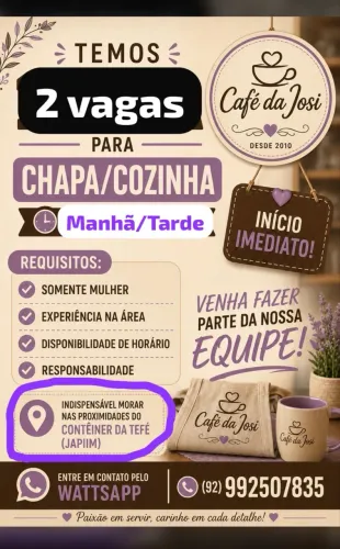 Vaga CHAPA e COZINHA café no japiim
