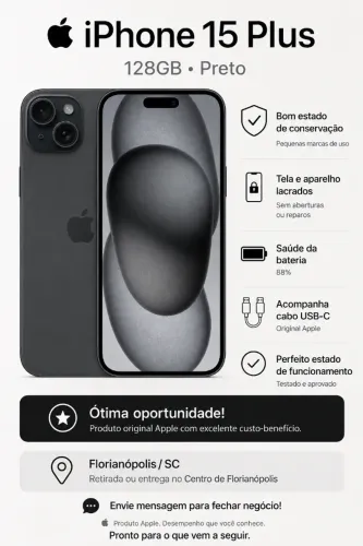 iPhone 15 Plus 128GB Preto Bom Estado Usado Lacrado