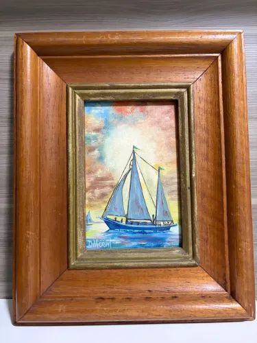 Quadro original pintura em tela - tema marinha - moldura em madeira maciça