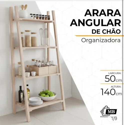 Arara Angular De Chão Organizadora Madeira Natural Estantes Com Prateleiras Expositor