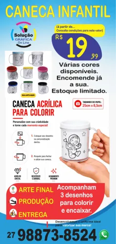 CANECA ACRÍLICA INFANTIL PARA COLORIR