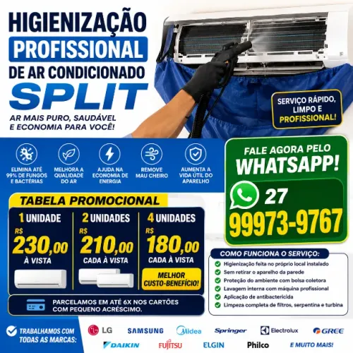 Higienização de Ar Condicionado Split - Parcelamos no cartão - Com garantia