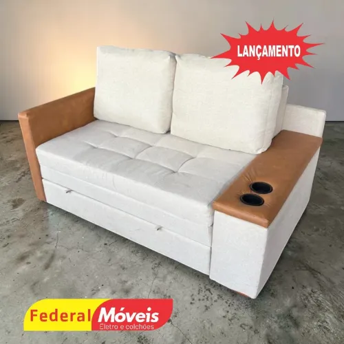 Sofá Cama com Baú e Porta Copos no Braço 1,54m - Solicite Catálogo