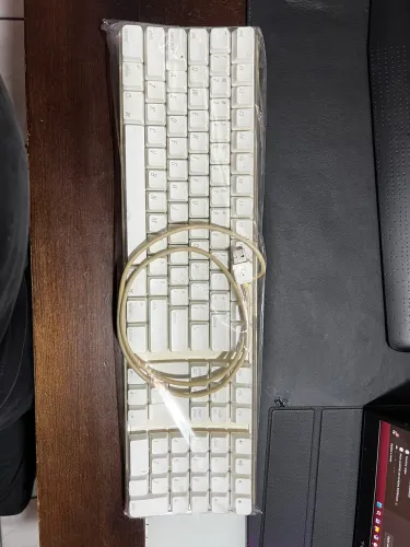 Este é um teclado Apple Wired Keyboard branco modelo A1048.