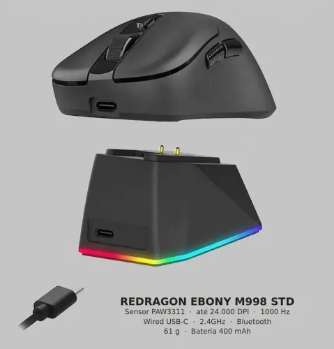 (LACRADO) Redragon Ebony M998, Tri-mode, PAW3311 e dock de carregamento