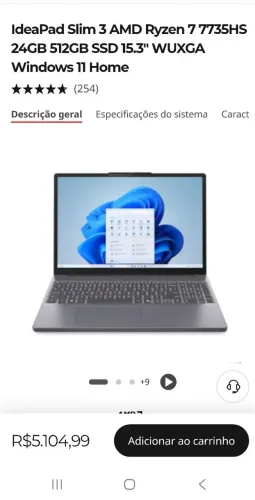 IdeaPad Slim 3 AMD Ryzen 7 7735HS 24GB 512GB SSD,Com caixa e todos os acessórios NF-E