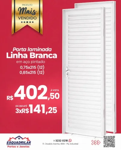 Porta Laminada Branca em Aço Pintado 75 ou 85 x 215
