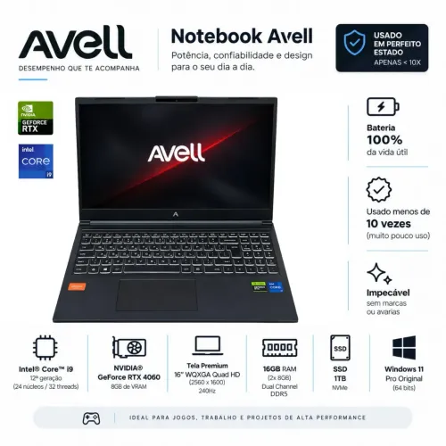 Notebook Gamer Avell core i9 GeForce rtx 4060 e 16gb ram impecável