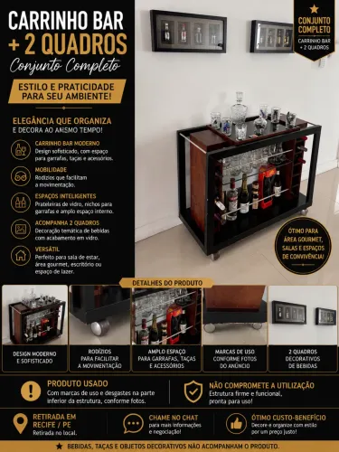 CARRINHO BAR + 2 QUADROS DECORATIVOS DE BEBIDAS