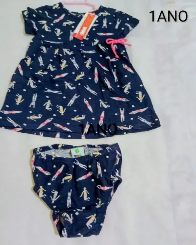 Vestido infantil azul marinho com estampa de ginastas e calcinha tapa fralda - 1ANO