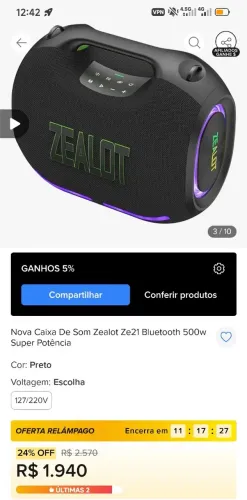 CAIXA BLUETOOTH ZEALOT ZE21 250W RMS TROCO P XBOX ONE S OU PLAYSTATION 4