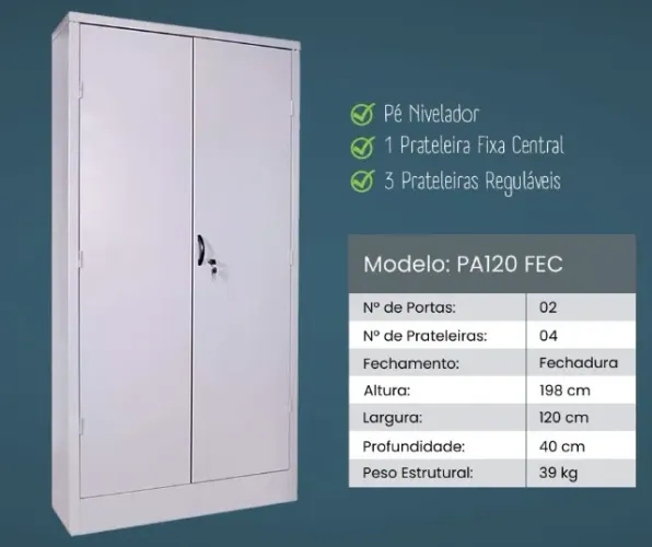 Armário de Aço com 02 Portas - 1980x1200x400 - PA120 FECH