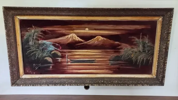 quadro maria augusta pintado em tecido de veludo 1,03 cmx51 cm