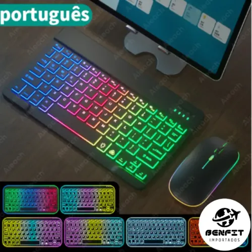 Teclado e Mouse Iluminado Bluetooth Para Tablet Celular Notebook Cor Preto ou Branco