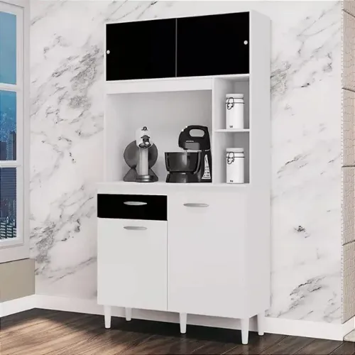 Armário para Cozinha Kit Duda 90 cm Branco Preto 
