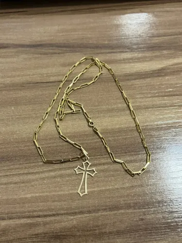 Corrente tijolinho com pingente cruz Ouro 18k