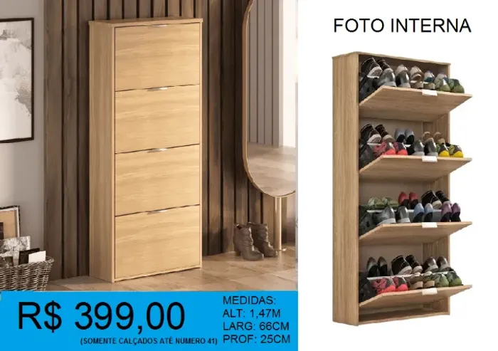 Sapateira com 4 portas deslizantes - Compre hoje e receba amanha montado