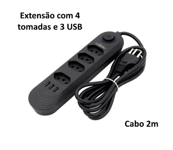 Extensão - Filtro de linha com 4 tomadas e 3 portas para carregamento usb de 2m