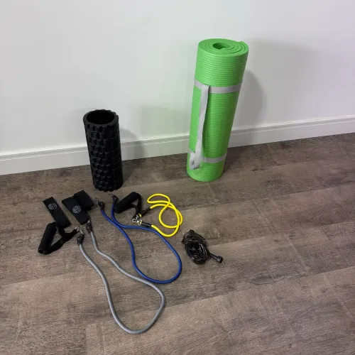 Kit Academia Completo - Colchonete LiveUp + Rolo Massageador + Elásticos + Corda