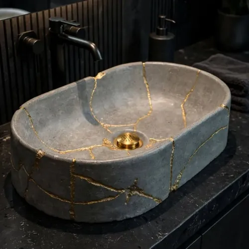 Cuba de sobrepor, apoio, cimento, estilo Kintsugi