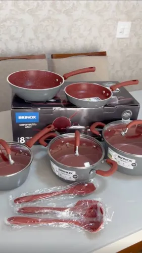Jogo de Panelas Brinox Cerâmico Vermelho e Cinza Life Select 8 peças
