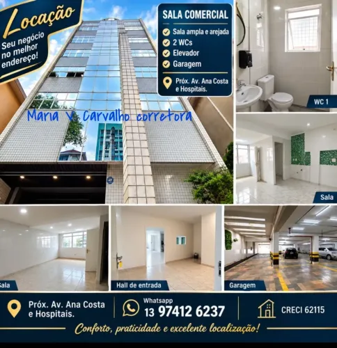 Sala comercial ,2 wcs, garagem, elevador.m Vila Belmiro - Santos - SP
