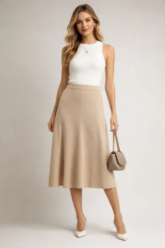 Saia midi tricô tam G bege Zara