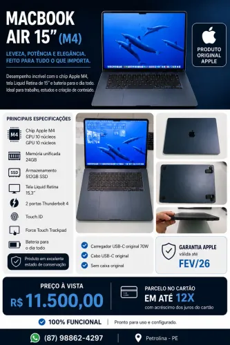 MacBook Air 15? M4 | 24GB RAM | 512GB SSD | Garantia Apple até Fev/2026