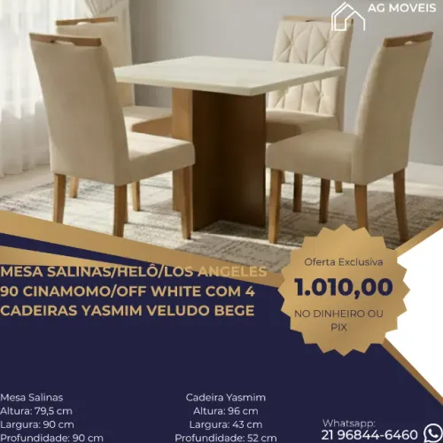 Mesa Salinas Helô Los Angeles 90 Cinamomo Off White Com 4 Cadeiras Yasmim Veludo Bege