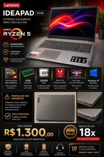 Notebook Lenovo IdeaPad S145 Ryzen 5 | 8GB RAM | SSD 256GB 