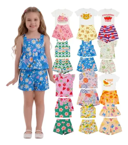Kit 06 Peças Roupa Infantil Menina Shorts Verão