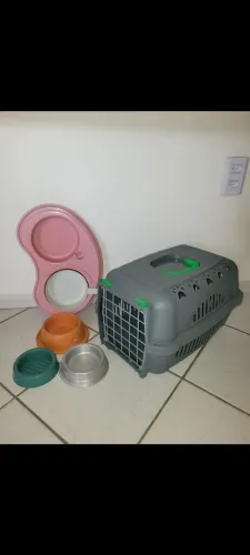 Kit c Caixa transporte p Pets cinza Falcon c grande de aço 45x28x32cm