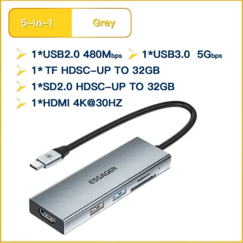 Mobilador Essager 5 em 1 Hub USB-C Compatível com MacBook Pro/Air, iPad Pro